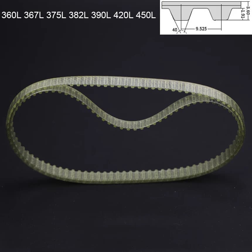 360L 367L 375L 382L 390L 420L 450L 9.525mm Pitch 10-50mm PU Polyurethane Steel Wire Trapezoidal Cogged Synchronous Timing Belt