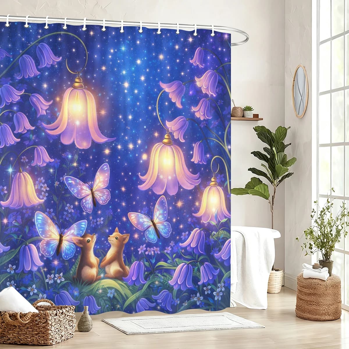 Tenda da doccia in poliestere con motivi animali e floreali vivaci - Decorazione artistica per il bagno, elegante tenda divisoria per vasca da bagno