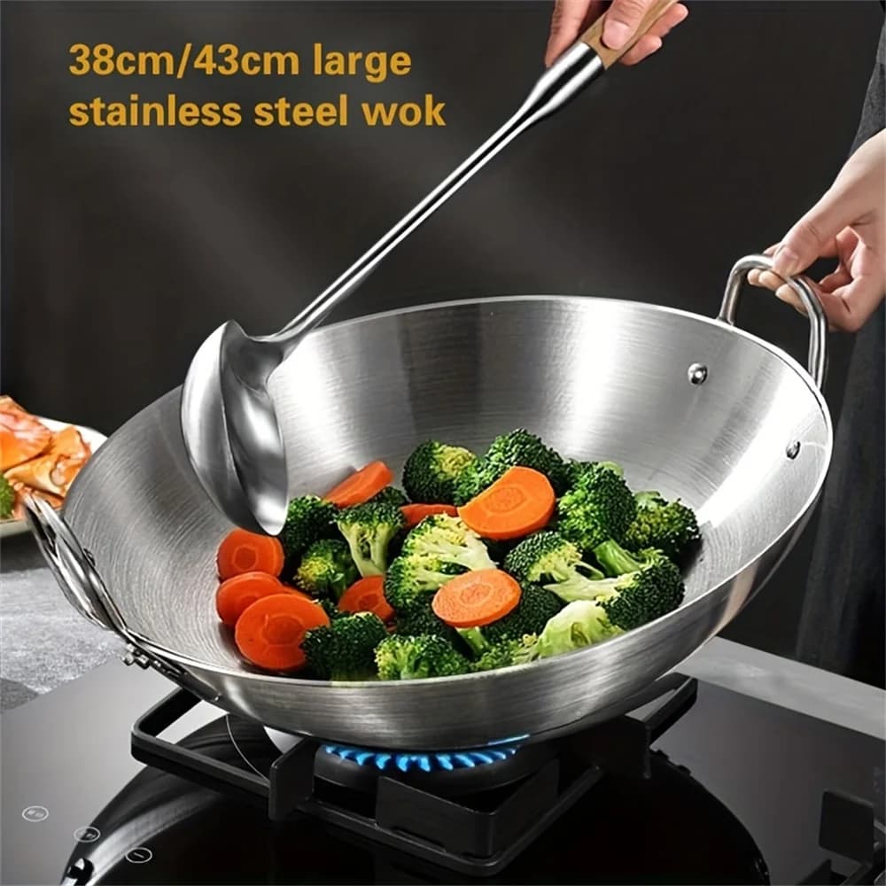 1 piece, double ear stainless steel pan, traditional stainless steel wok - Perfect for Chinese cooking and healthy frying - M