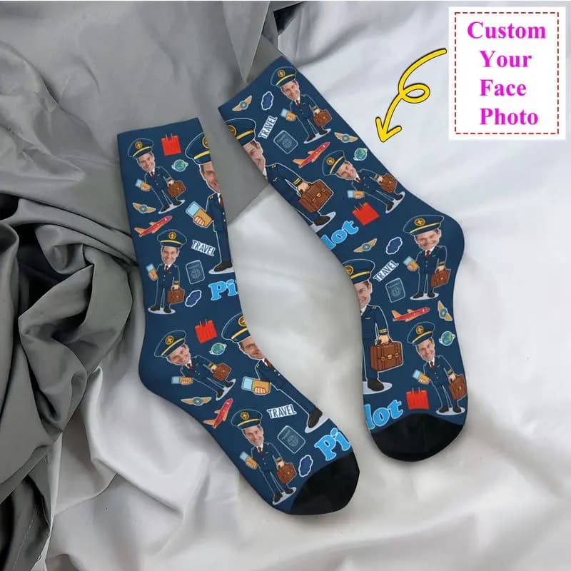 New Custom Stylish Socks by Funny Pilot Men's Unisex Socks Breathable With 3D Print Custom Socks with Photo Design for Face
