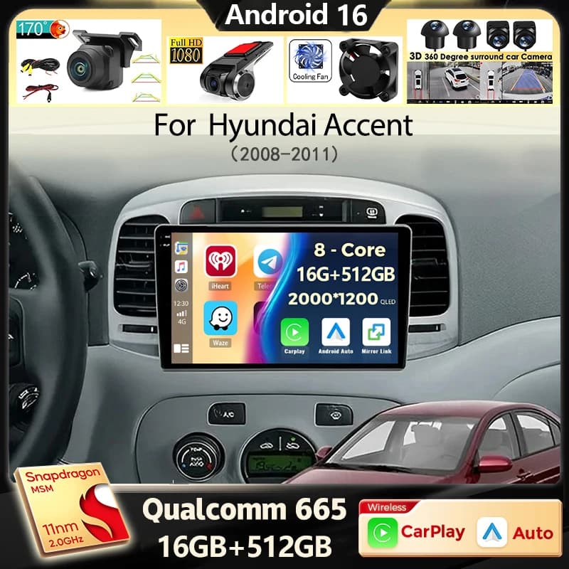 Autoradio Android 16 con Carplay, WIFI+4G per Hyundai Accent 2008-2011, Navigazione GPS, Lettore Multimediale Video, Stereo