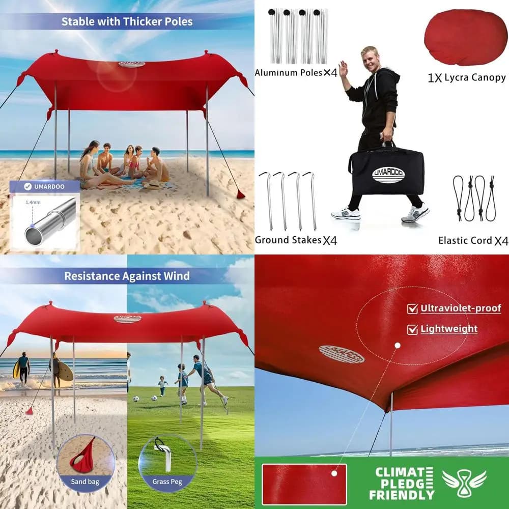 Portable beach tent, easy installation with carrying bag, 10x10 feet, 4 poles, red