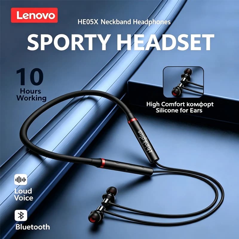 NUOVO Auricolare Bluetooth 5.0 da Collo Lenovo HE05X, Bassi Stereo 8D a Bassa Latenza, per Sport e Giochi, Impermeabile, Lunga Durata, alla Moda