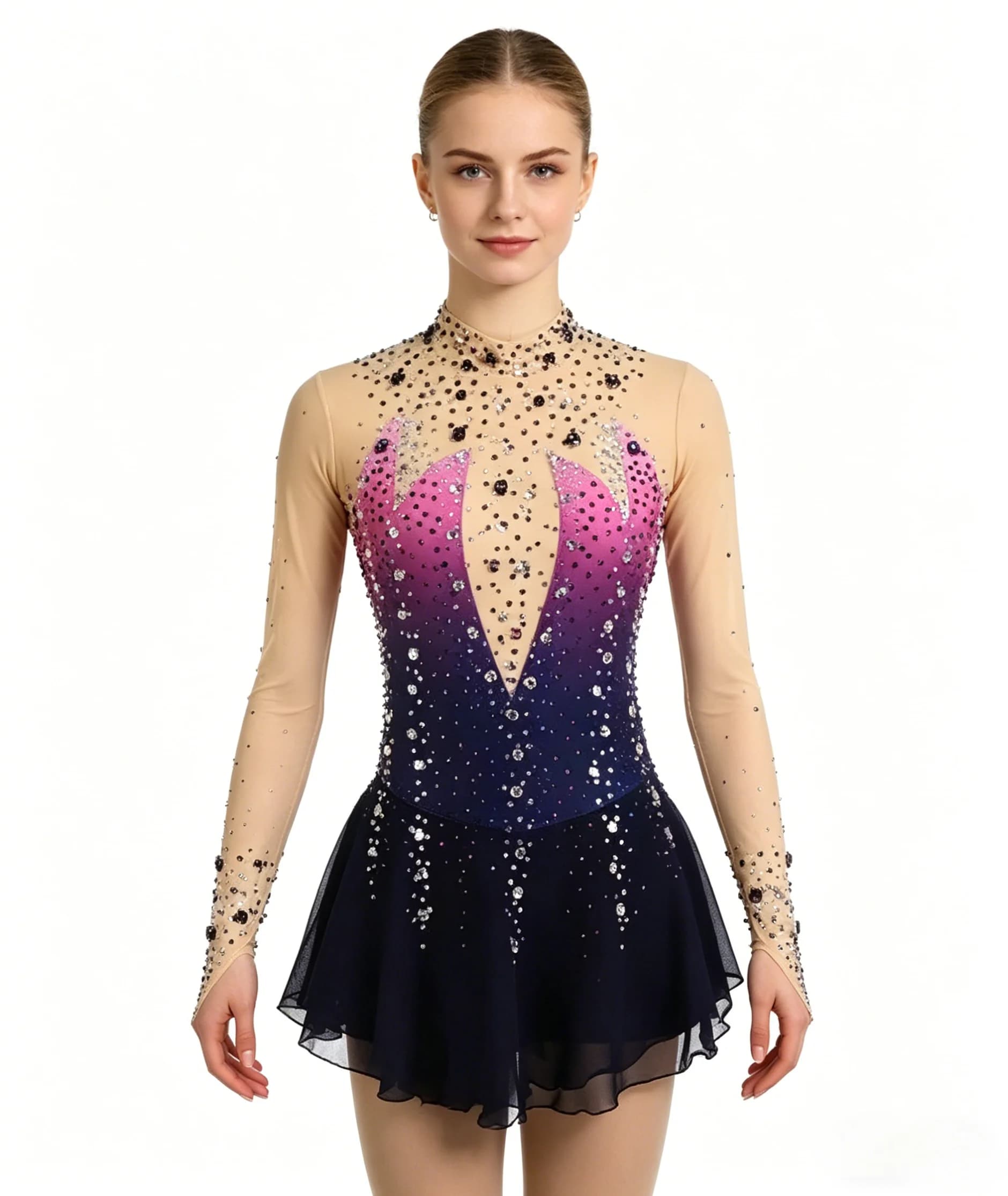 Abito da Pattinaggio Artistico di Lusso con Strass Sfumati, Manica Lunga, Costume Professionale per Competizioni