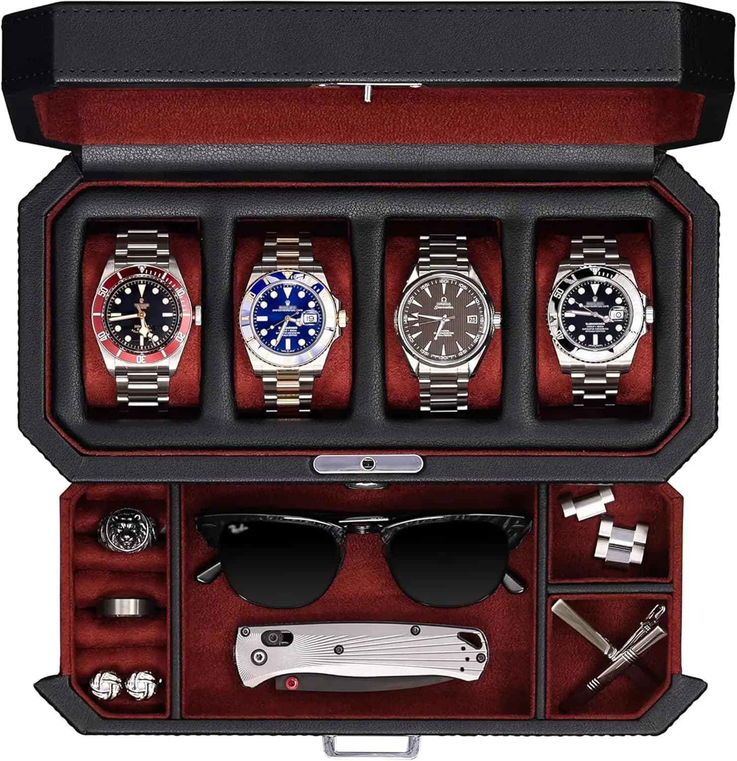 Box Leather Watches 4 Parts with Drawer - Luxury Display and Jewelry Organizer for Men and Women (Red)