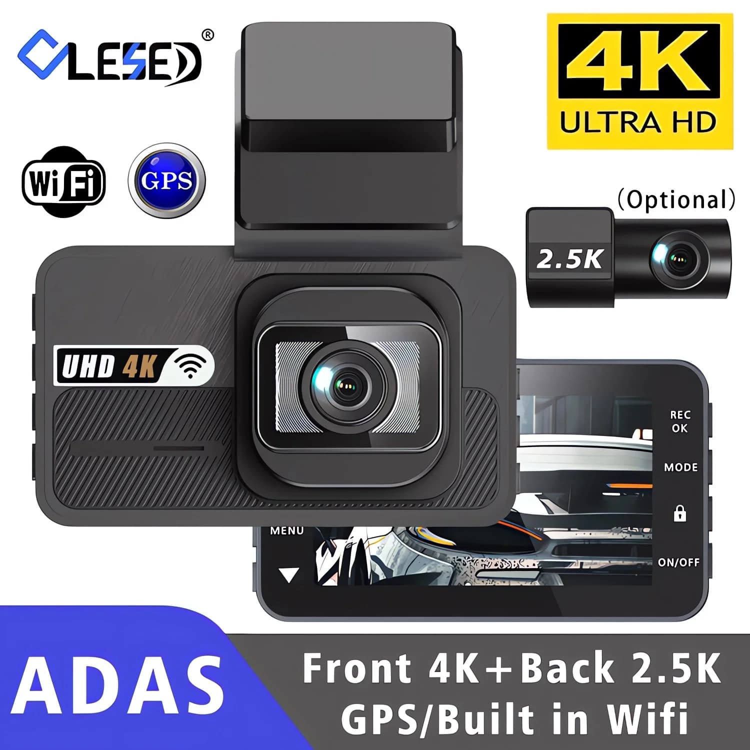 Dash Cam UHD 3840*2160P 4K + 2.5K Dual Lens DVR per auto con ADAS 5G WiFi GPS Black Box Videoregistratore WDR/HDR Visione notturna