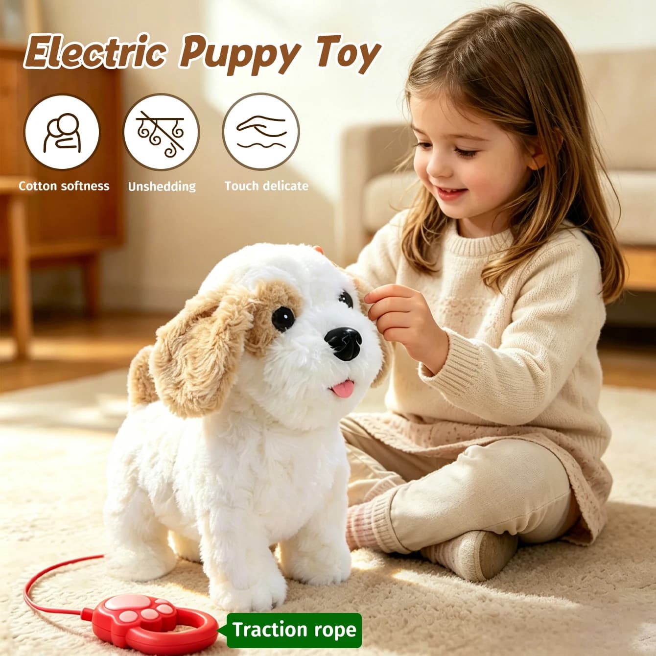 Music-themed plush toy dog with realistic fur, retractable leash, allows pet to walk and wag tail, and makes sounds when touched