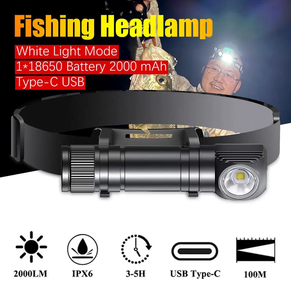 Lampada Frontale LED Ricaricabile USB Tipo-C con Batteria 18650, Torcia da Pesca con Ricarica Magnetica e Indicatore di Carica