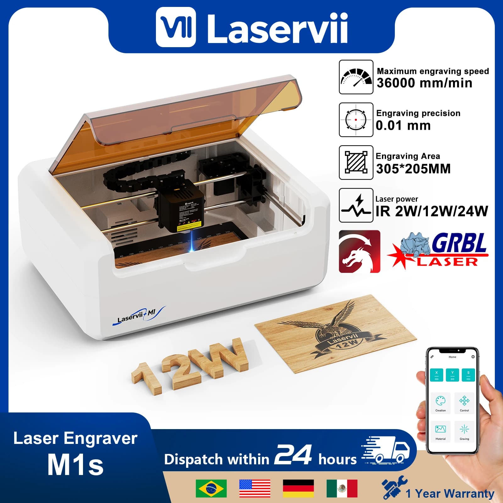laservii 7W/12W/IR 2W Safety Desktop Laser Cutting Machine Enclosed Laser Engraver for Wood Acrylic Leather MDF DIY