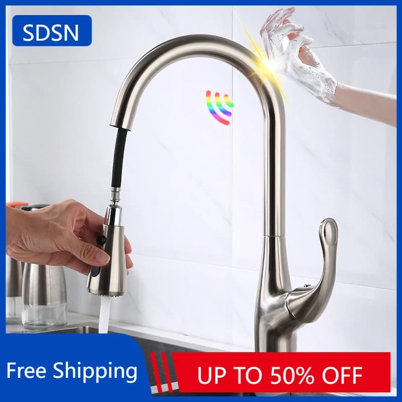Kitchen tap touch on brushed nickel quality brass mixer tap for kitchen sink cold extractable kitchen faucet touch kitchen faucet with intelligent sensor