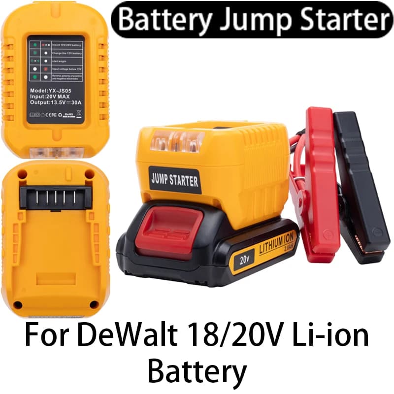 Avviatore di emergenza per batterie DeWalt 18/20V agli ioni di litio, alimentatore portatile con clip per avviamento auto.