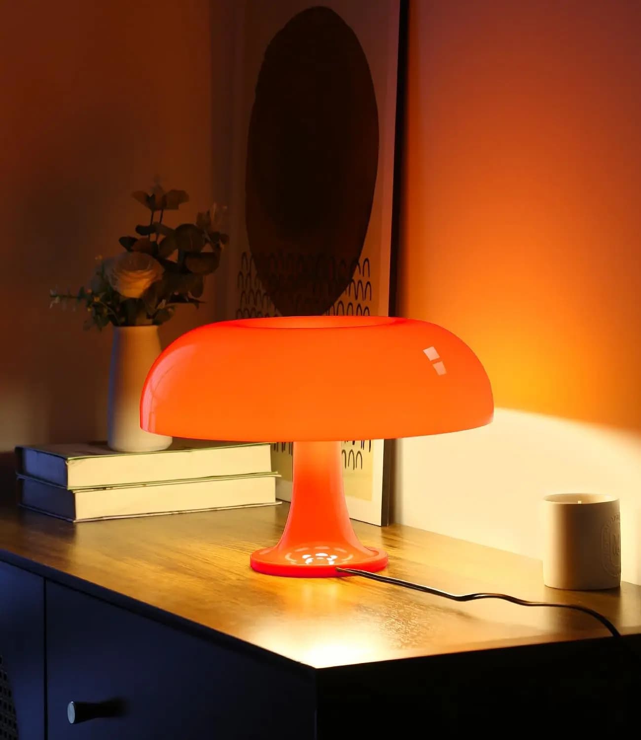 Orange Mushroom Table Lamp Mid-Century Modern Bedside Minimalist Decor Small 2700K Bulb Included for Bedroom