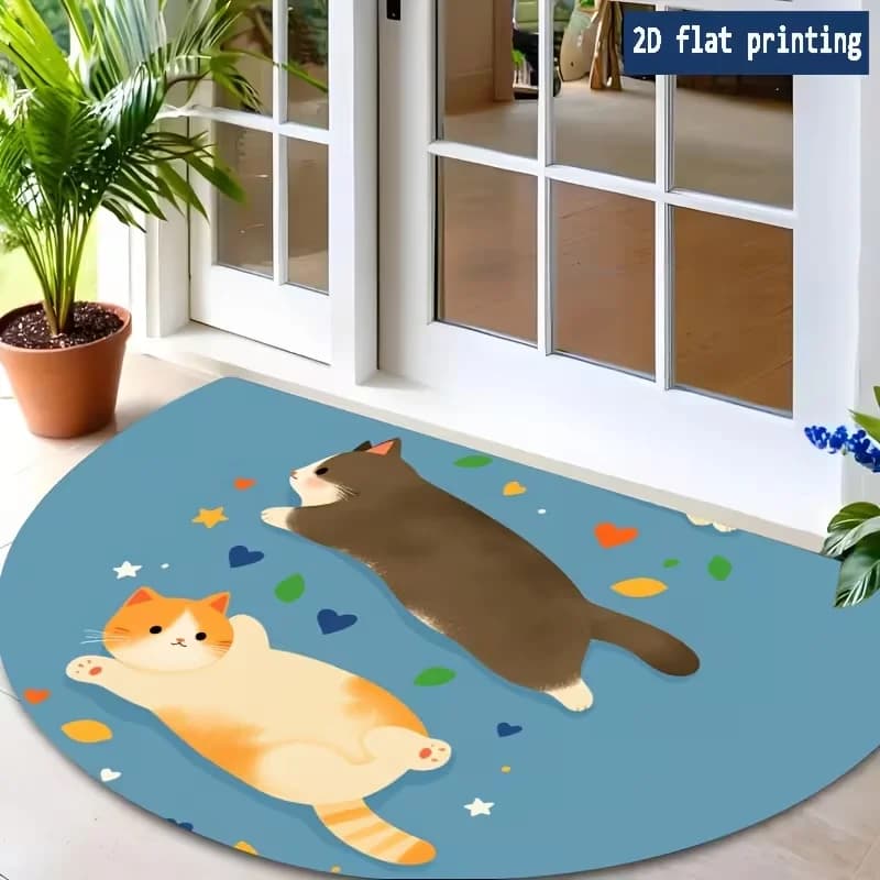 Tappeto d'ingresso semicircolare con motivo a cuori e stelle, simpatici gatti pigri, adorabile stampa di gatti cartoon, tappeto decorativo per la casa con arte doodle