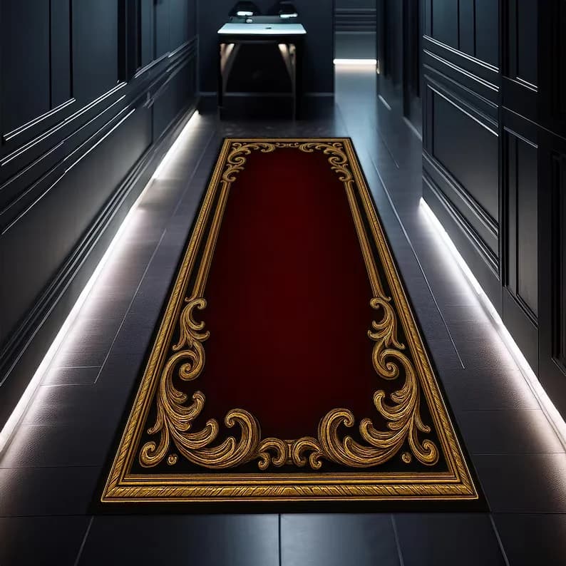 Tappeto Runner Barocco Rosso Reale, Tappeto Gotico Rosso e Oro, Lussuoso Arredo per Corridoi, Elegante Tappeto per Corridoi in Stile Castello Vampiro