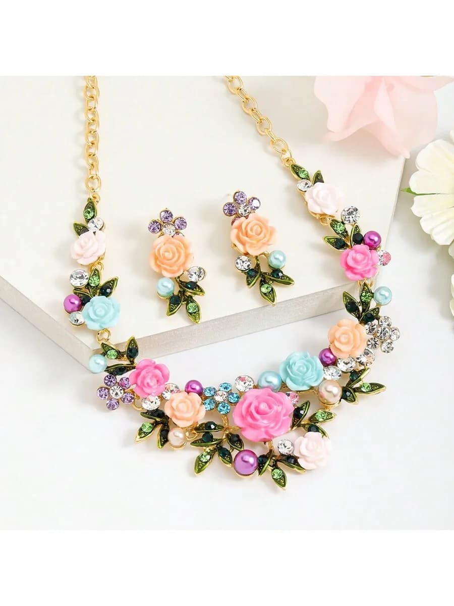 Set di 3 pezzi in metallo smaltato con fiori 3D, collana e orecchini per donna, elegante per banchetti, cene e San Valentino