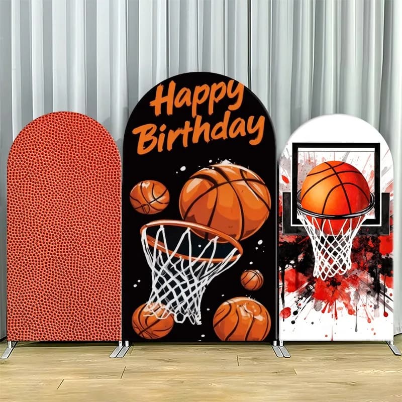 Arch Backdrop Cover Single Side Basketball Birthday 3D Style Hoop Ball Orange Party Decoration Photo Booth Background Event Room
