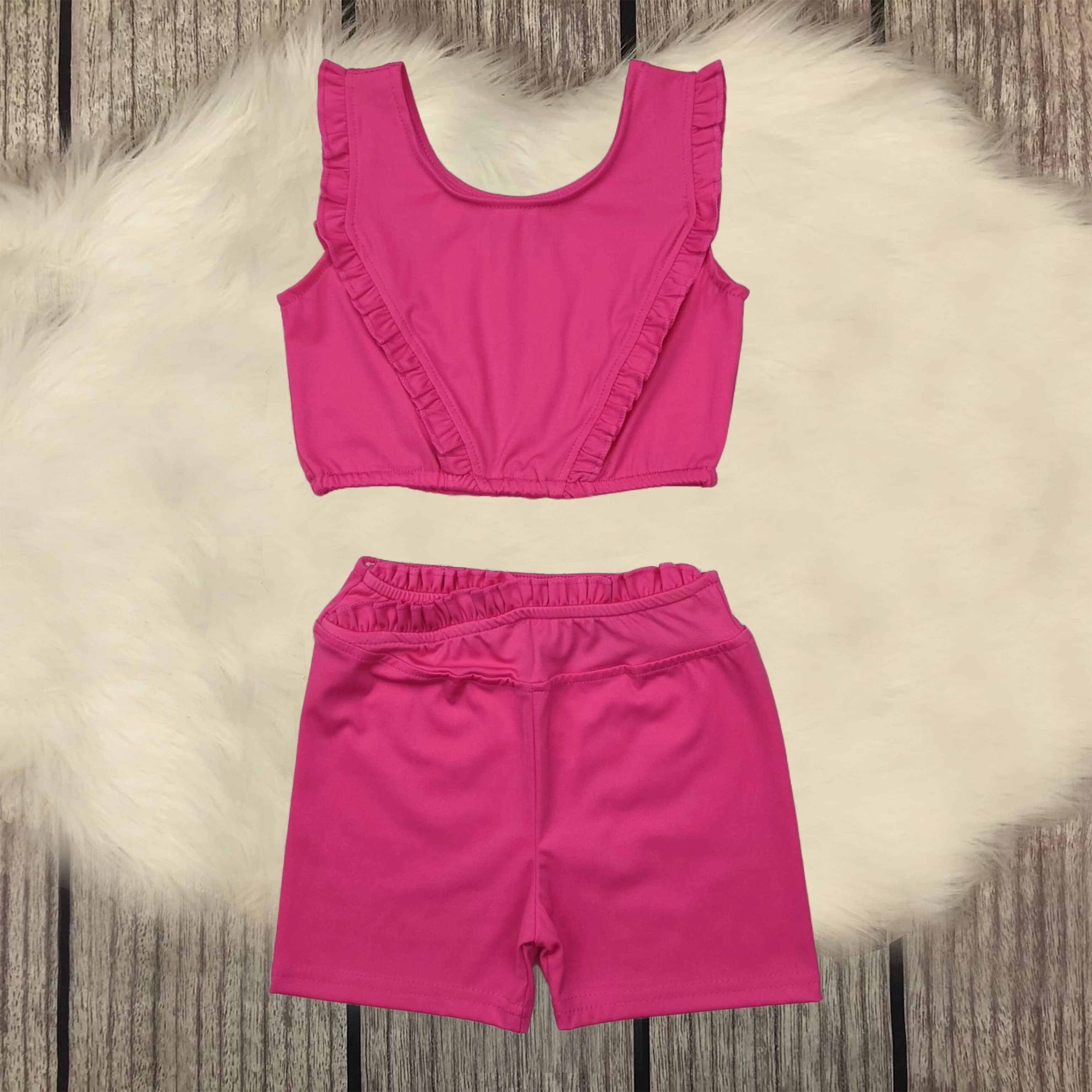 Vendita all'ingrosso neonate rosa scuro gilet da yoga top pantaloncini con volant abbigliamento attivo set per bambini neonato bambino boutique outfit