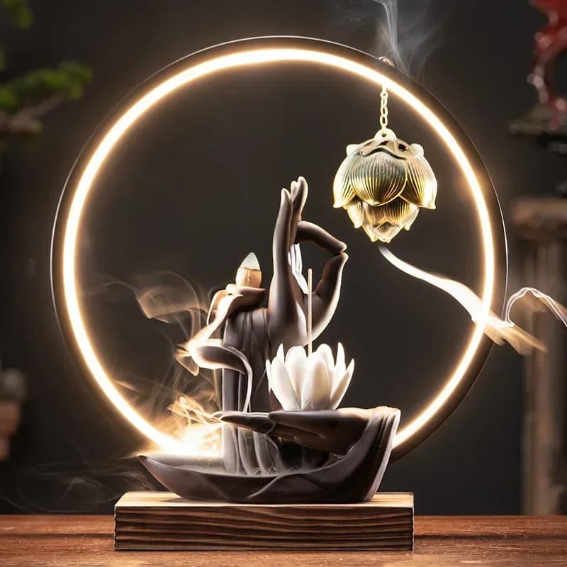 Buddha Mano Riflusso Bruciatore di Incenso Cascata di Loto Bastoni di Incenso Titolare Incensiere Supporto di Fragranza Ceramica Quemador Decorazione