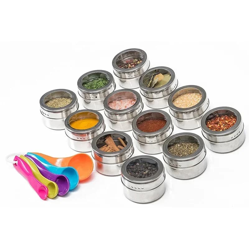 Organizer per contenitori per spezie - Set di barattoli magnetici per spezie con base in acciaio inossidabile con etichette adesive, barattolo per condimenti al pepe, spray in latta