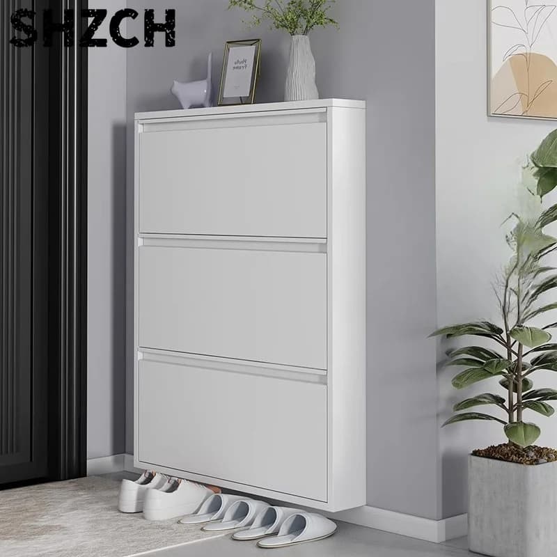 Slim Steel Shoe Rack with Flip Door, Multi-Layer Entryway Storage Cabinet, Compact Wall-Mounted Shoe Shelf for Small Spaces