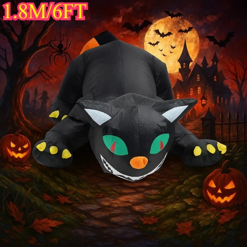 6FT Giocattoli gonfiabili Decorazioni per le vacanze all'aperto Halloween Scuotendo la testa Gatto Built-in Green Eyed Red Light LED Party Garden Decor