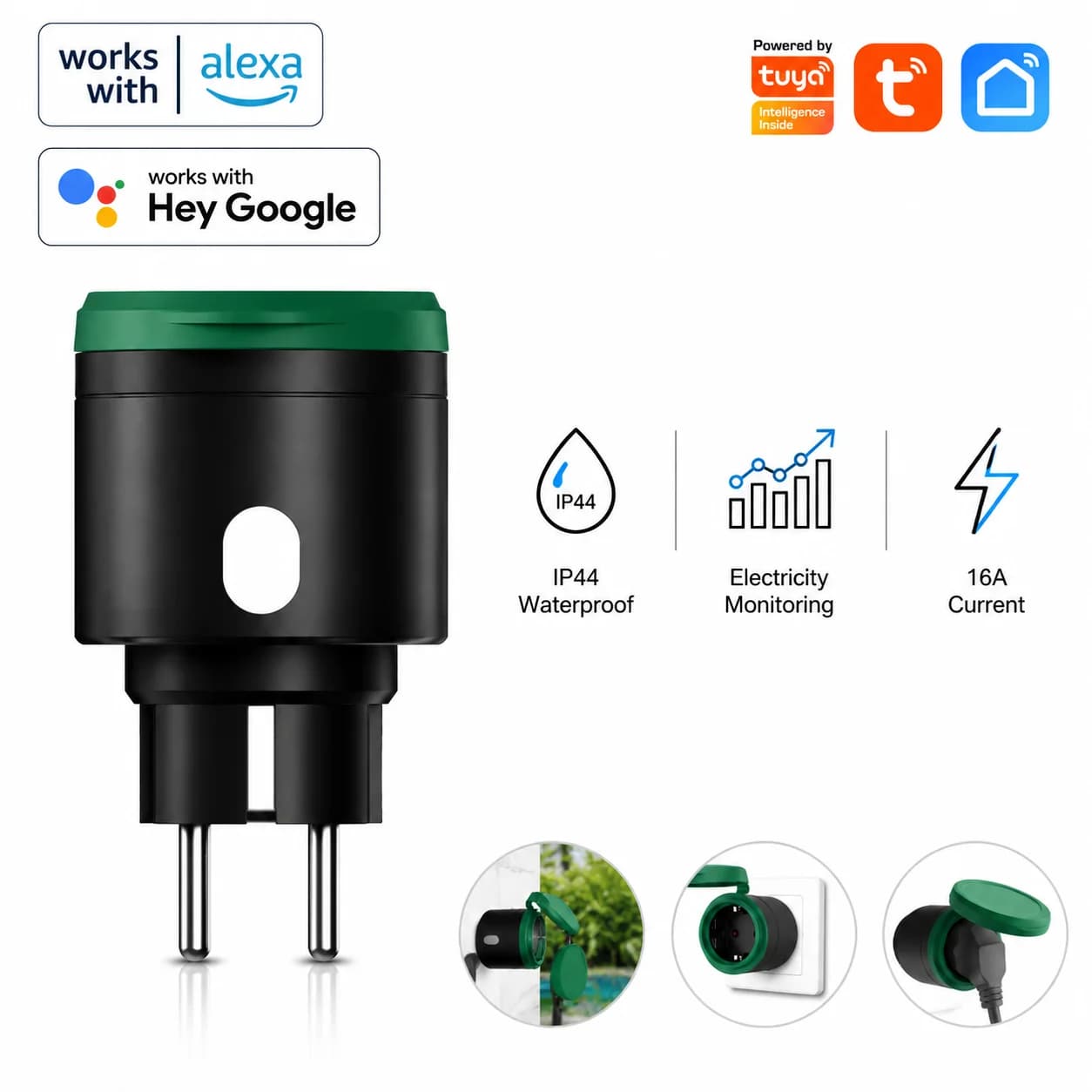 Tuya WiFi Smart Plug 16A EU Socket, Outdoor Waterproof Smart Outlet with Energy Monitor, Works Alexa Google Home