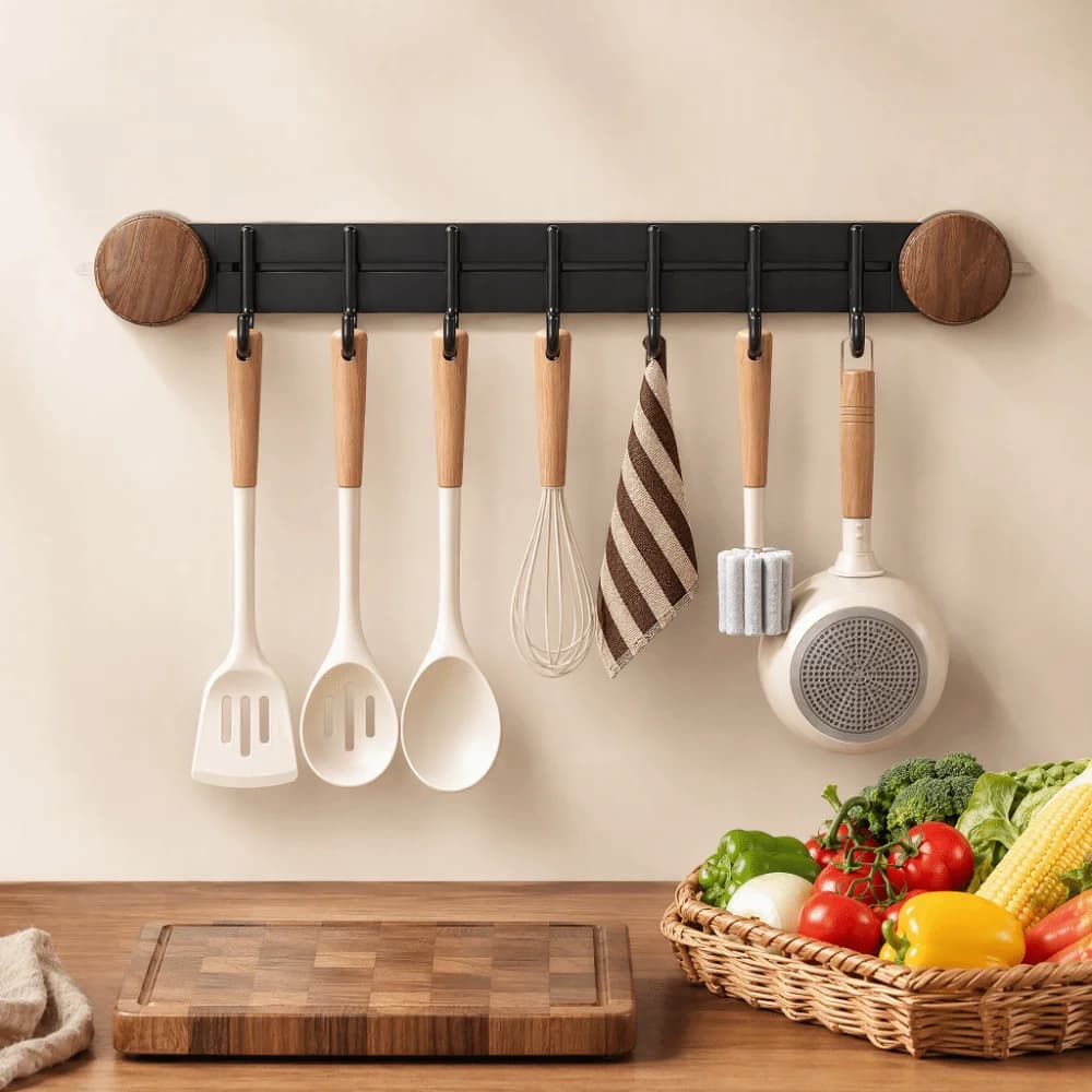 No-Drill Suction Cup Hook Wall Mounted No Trace Kitchen Storage Rack Multifunctional Movable Hook Utensil Storage Rack