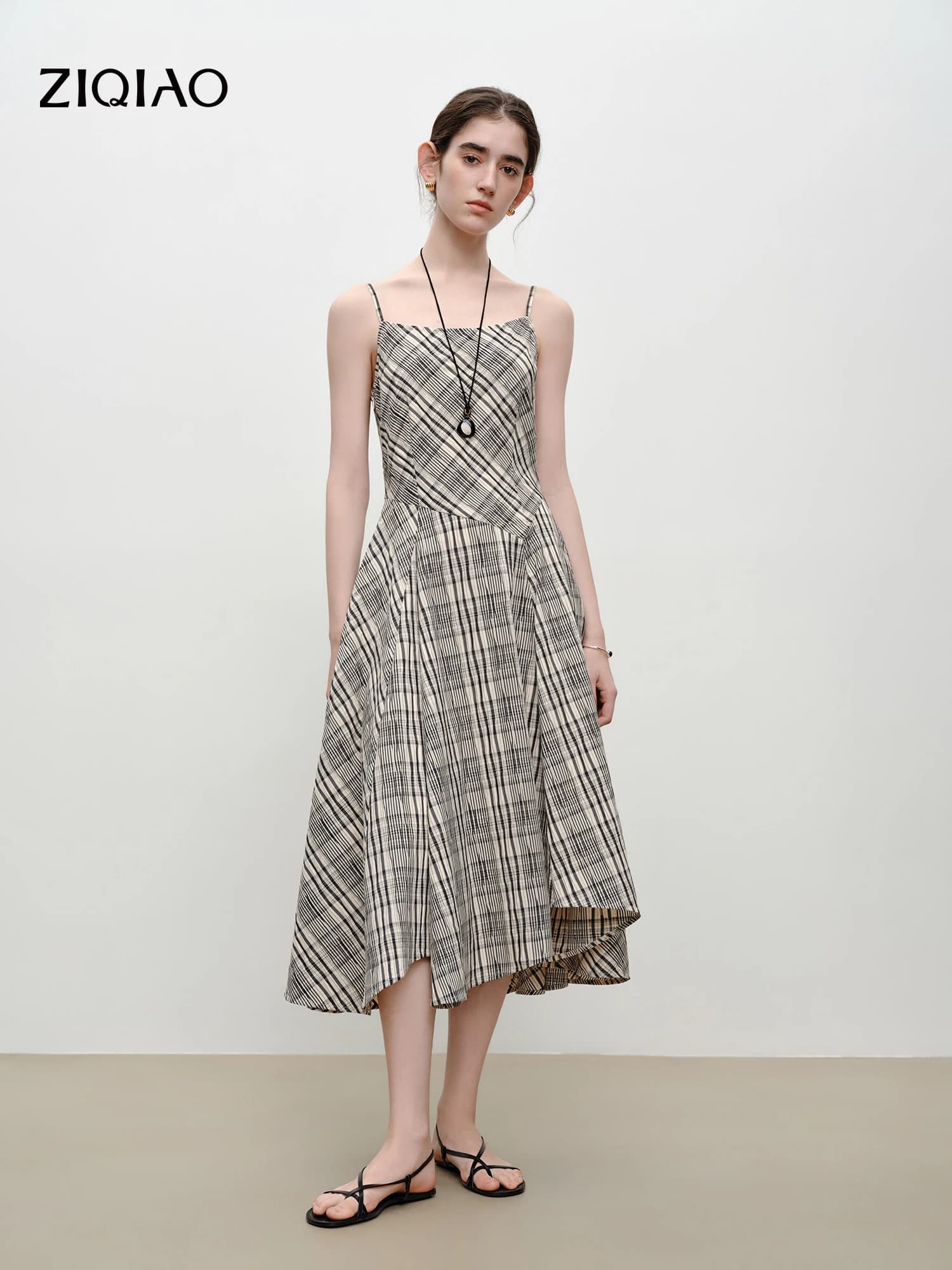 ZIQIAO Women's Asymmetrical Cut Plaid Fitted Waist Halter-Strapless Dress with Irregular Hemline 2026 Summer New Arrival Dresses