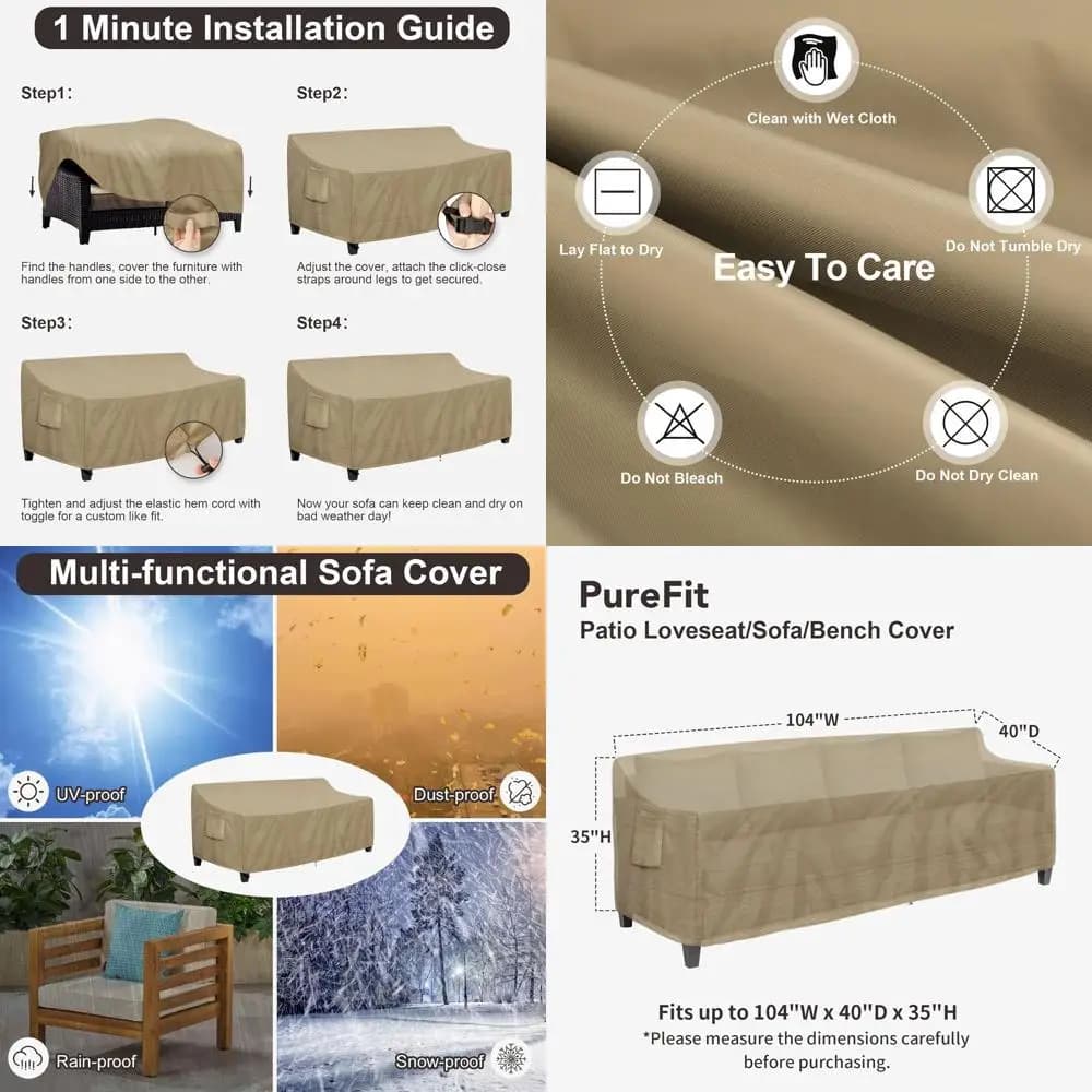 Copridivano da patio impermeabile a 4 posti con presa d'aria, 104 W x 40 P x 35 A, cammello
