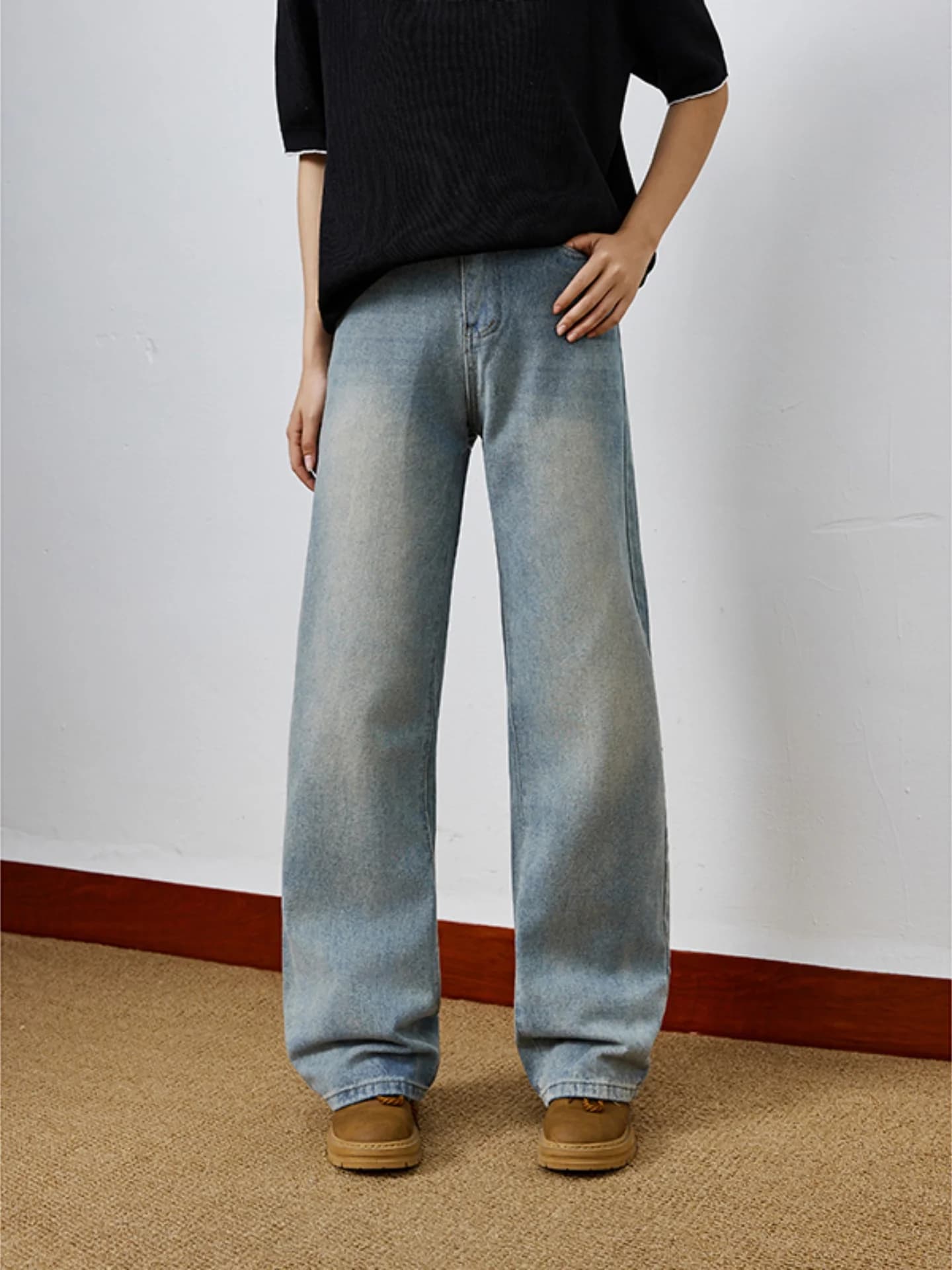 Summer Men's Straight Leg Vintage Washed Jeans Loose Fit Casual Trousers mid Waist Zipper Closure Blue Denim Youth Fashion