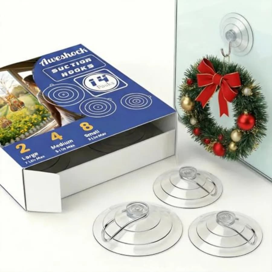 Suction Cup Hooks for Glass Window, 14 Packs Combo -8 Small 4 Medium 2 Large, Waterproof Wreath Hangers for Glass Front Door, W