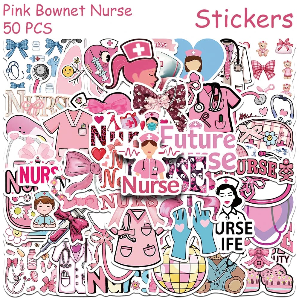 50 pezzi rosa bownet adesivi per infermiere decalcomanie per telefono scrapbook valigia skateboard chitarra adesivi estetici fai da te regali creativi