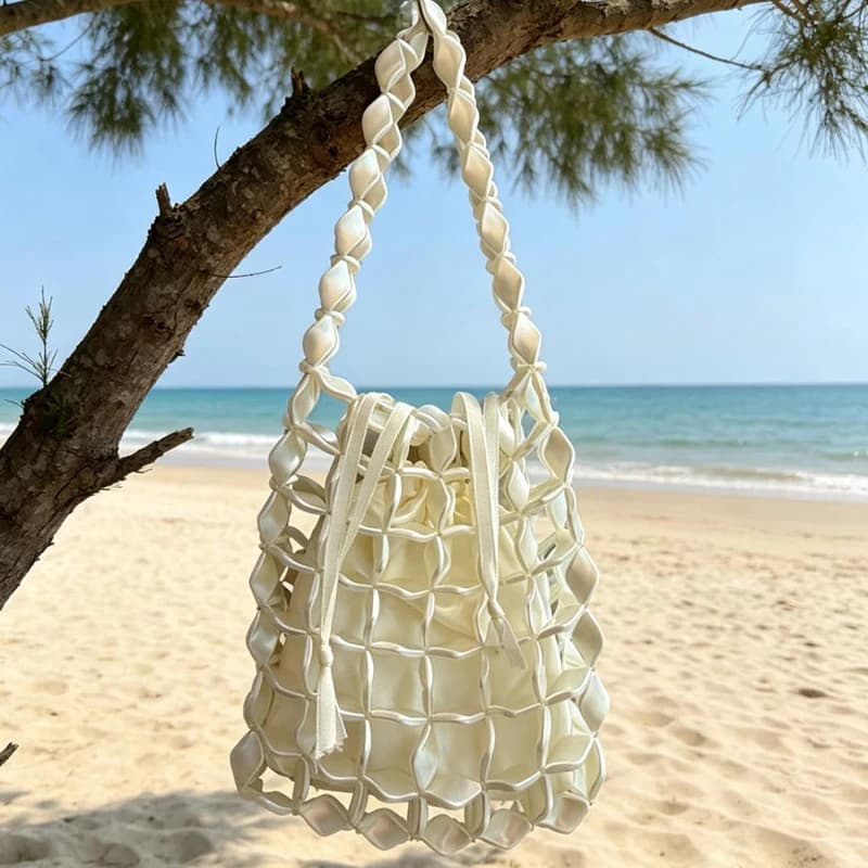 Borsa a Tracolla Intrecciata Traforata, Borsa Tote Lavorata a Mano con Perline, Borsa a Spalla Sottobraccio alla Moda, Design Trasparente a Goccia d'Acqua di Tendenza