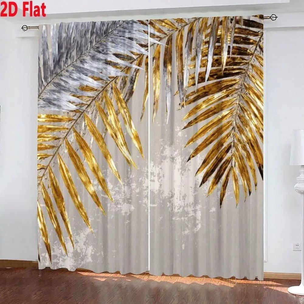 Tende piatte 2D - Set di due tende piatte con un design a foglia di palma in oro e argento metallizzato su un tessuto testurizzato chiaro