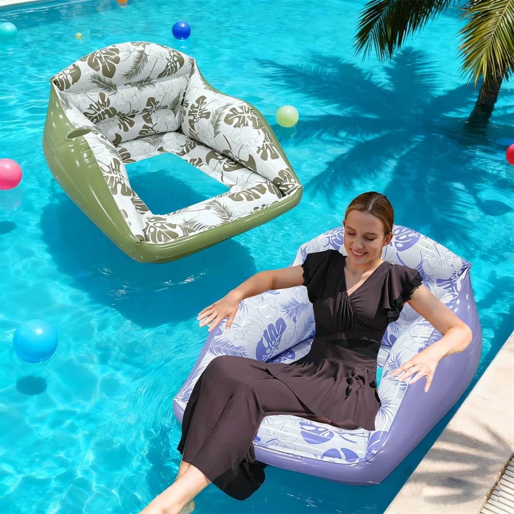 1 sedile gonfiabile in PVC per piscina, divano galleggiante con stampa a foglie e rete, accessori per piscina per vacanze estive al mare