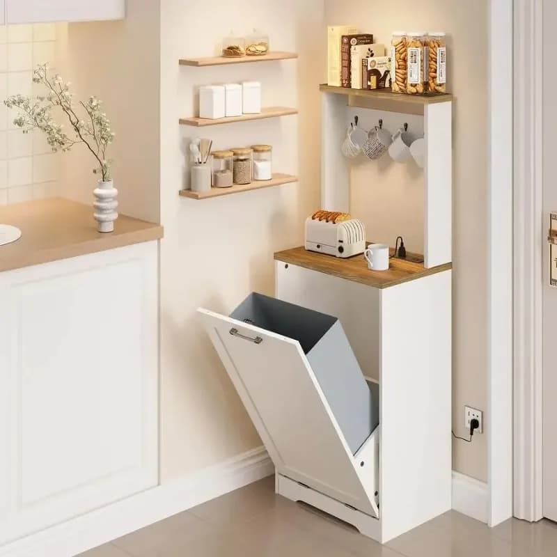 Out Trash Can Cabinet with Charging Station, Kitchen Trash Bin Cabinet with Hooks, 10 Gallons Wooden Recycling