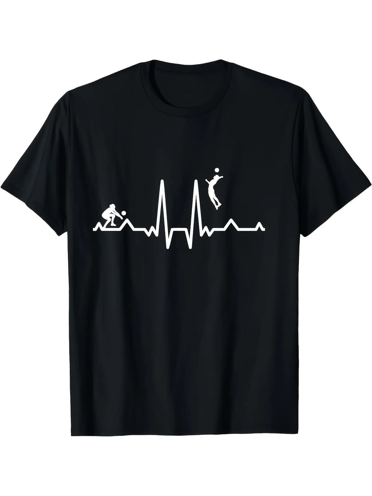 Men's Funny Volleyball Heartbeat Graphic T-Shirt 100_ 180gsm Heavyweight Casual Round Neck Short Sleeve Tee with Volleyball & Be