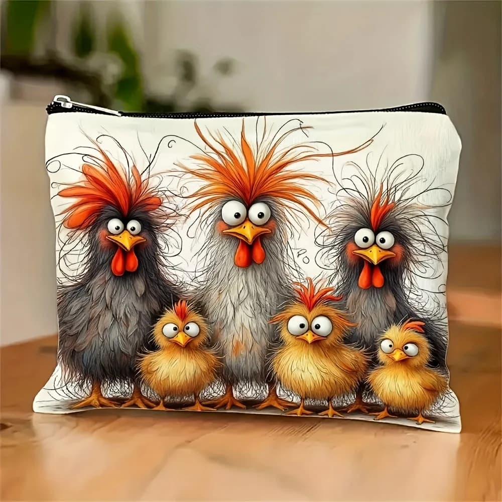 Una simpatica borsa per il trucco della famiglia di pollo: una graziosa custodia multifunzionale con cerniera, una borsa per riporre gioielli, una perfetta custodia con cerniera da viaggio.