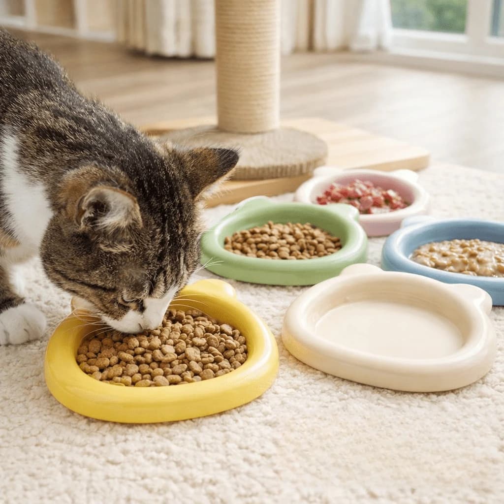 2pcs Set: Shallow Cat Food Bowls, Anti-Whisker Fatigue Pet Bowls, Wide-Rim Low-Profile Cat Food Dishes, Cute Kitten Water Bowls