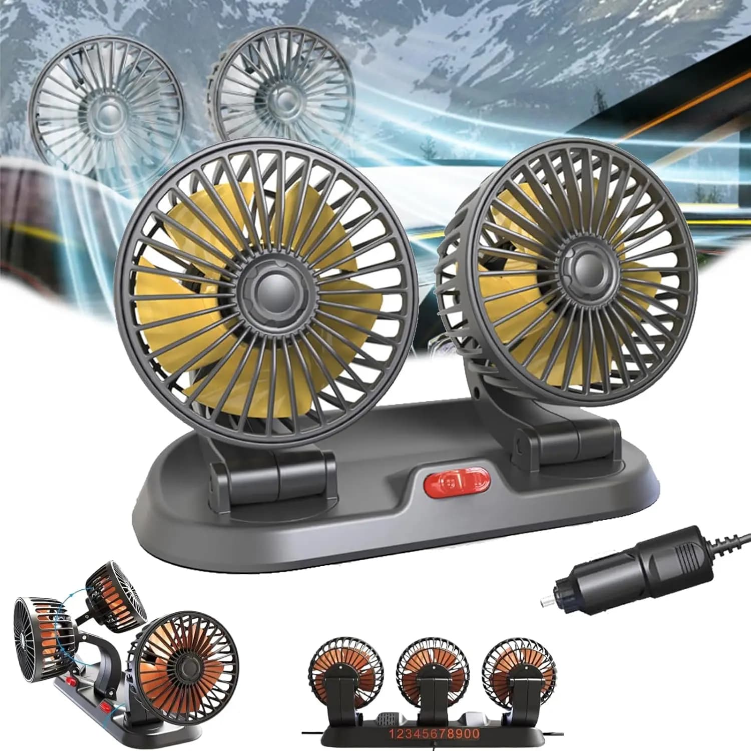 Ventilatore Elettrico Universale per Veicoli Pesanti, Regolabile a 360 Gradi, 1-3 Teste, 2 Velocità, Silenzioso, USB/12V/24V, per Montaggio su Cruscotto di Camion, Camper, SUV