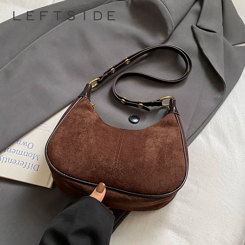 LEFTSIDE Women Small Suede Shoulder Bag 2025 Winter Retro Soft Crossbody Bag Luxury Designer Trend Female Handbags and Purses
