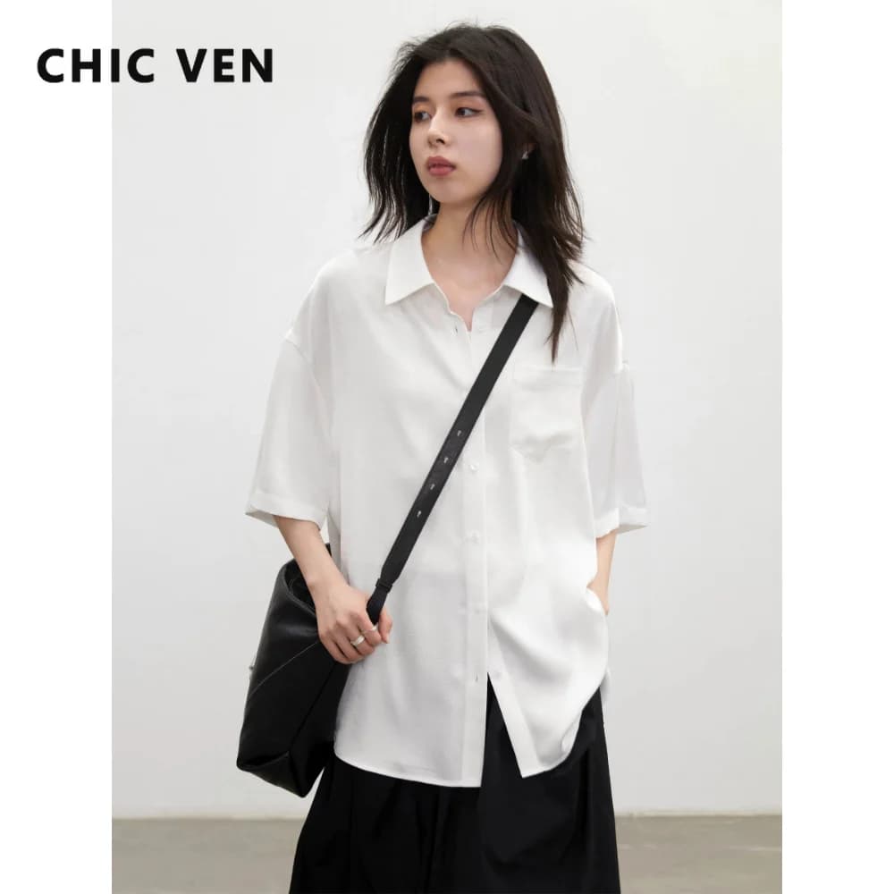 CHIC VEN Korean Fashion Women Shirt Single-breasted Loose Casual Solid White Short Sleeved Blouses Spring Summer 2026