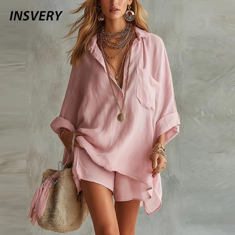 Completo Estivo Primaverile da Donna: Camicia a Maniche Lunghe con Scollo a V e Pantaloncini a Vita Alta, Comodo Outfit Casual in Due Pezzi