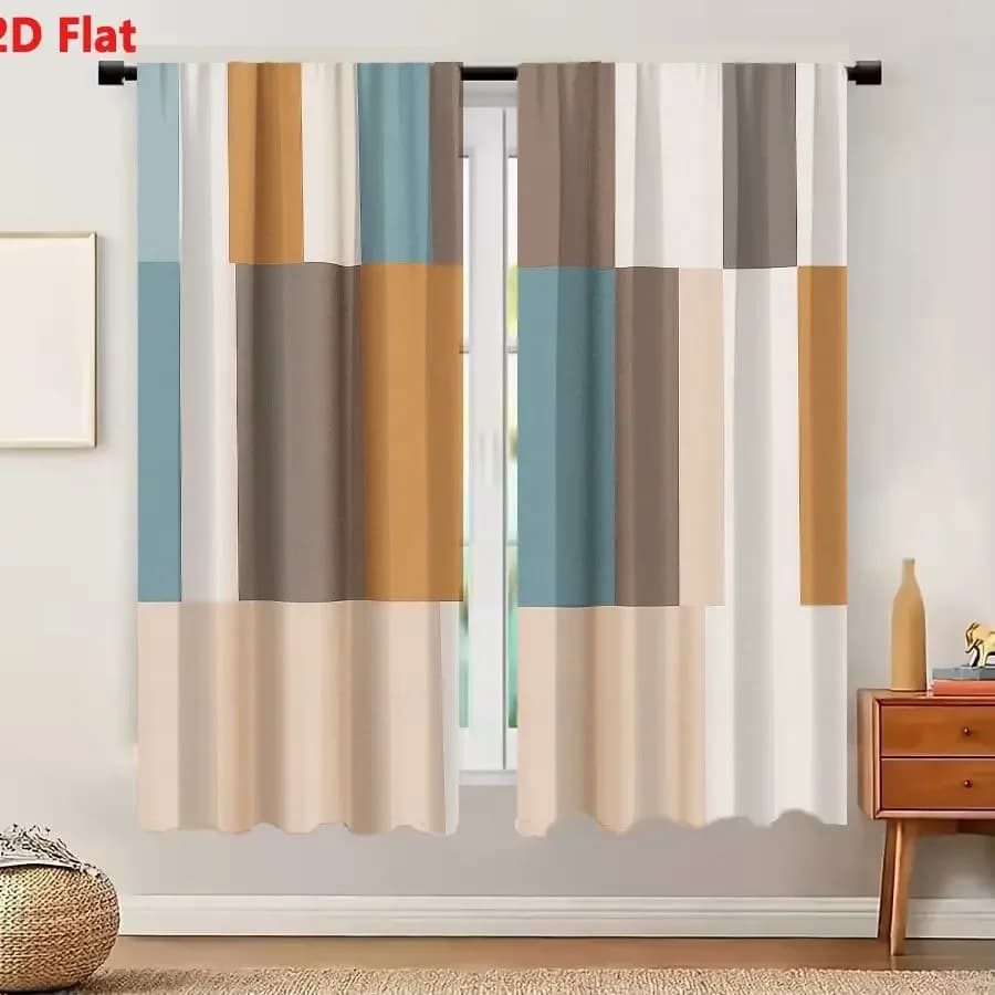 2Pcs Curtains 2D Flat Geometric Patchwork Fabric With Muted Earthy Tones For Modern Home Decor Window Drapes for Bedroom Room De