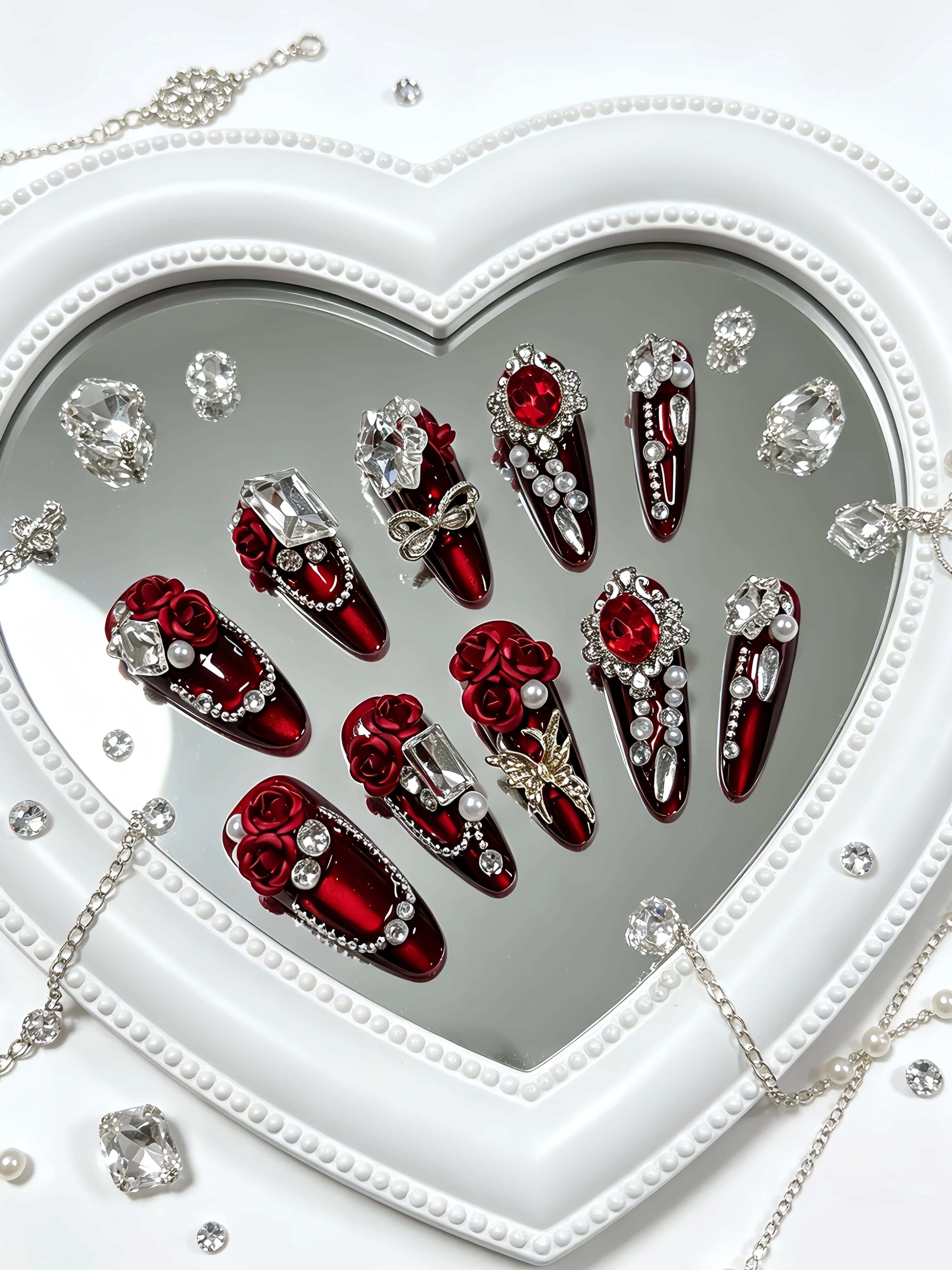 10 Long Teardrop-Shaped Press-On Nails, Burgundy Metallic Base with Rose Diamond Embellishments, Luxury Wedding Nail Style, Vintage Photo Shoot Style, Retro Palace Style, Wedding and Christmas Atmosphere Nail Art Pieces