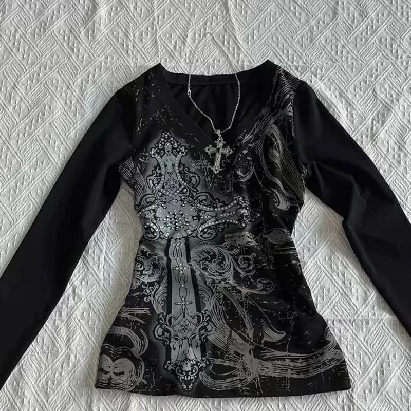 American Retro Abbigliamento donna T-shirt gotiche Y2k Manica lunga Nero Punk Grafica Grunge Stampato Vintage Scollo a V Casual Chic Tees