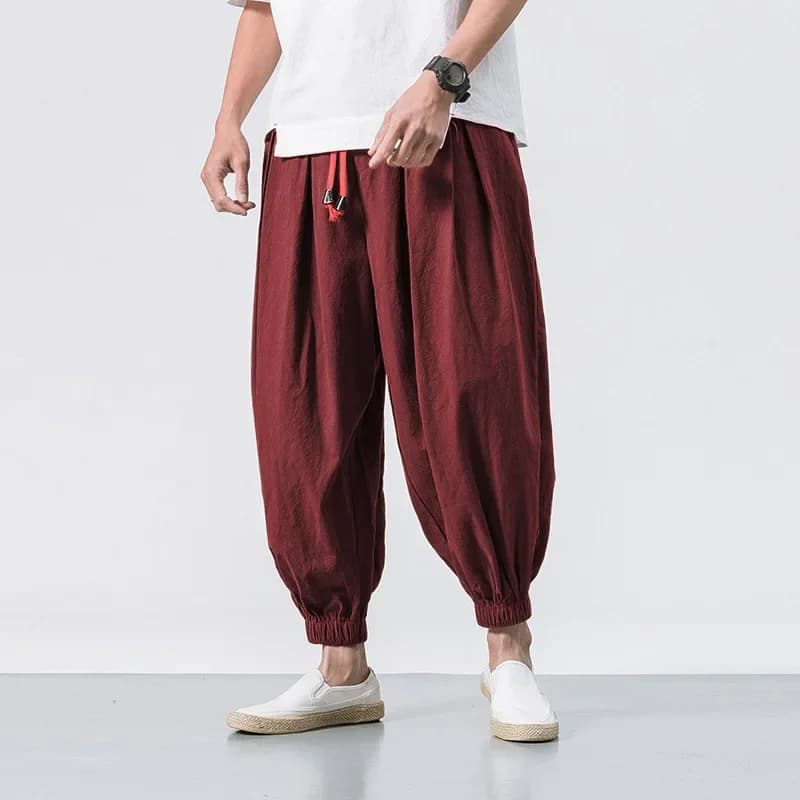 2024 new summer for leisure commuting minimalist fashion loose solid color middle waist Pull Rope Youth Cropped Pants men's pants