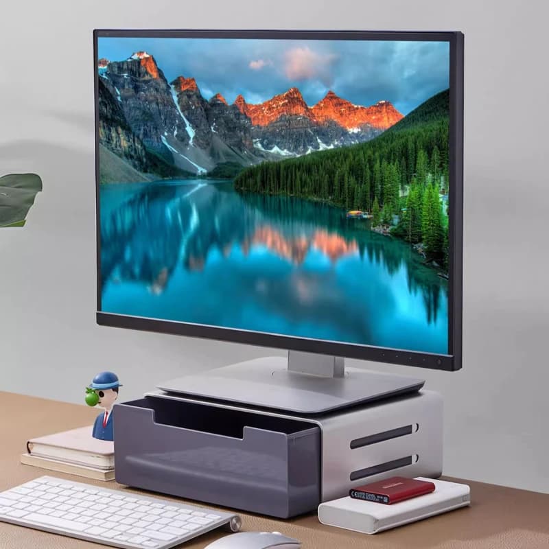 Supporto ergonomico per monitor, supporto per cassetti da ufficio, organizer per schermo del computer, scaffale da tavolo, postazione di lavoro multifunzionale in lega di alluminio