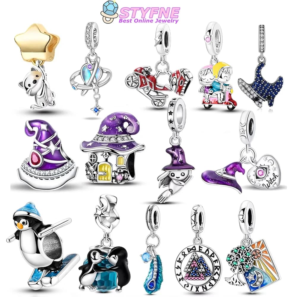 Original 925 Silver Plated Witch Hat Penguin Star Motorcycle Cat Rune Tree Beads Fit Bag Charms Bracelet Jewelry Gifts for Women