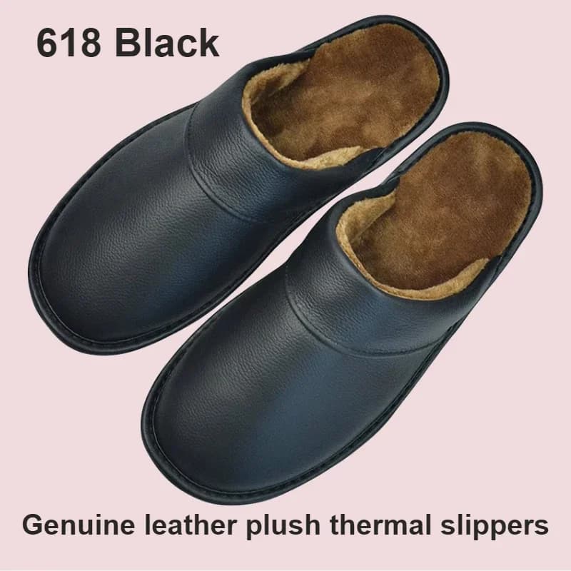 Genuine Cow Leather Slippers Winter plush flannel Homes in indoor slipper men women elderly non-slip casual warm shoe